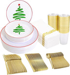 Supernal 350pcs Christmas Plastic Dinnerware Set,Christmas Plastic Plates,Gold Plastic Silverware,Gold Plastic Cups,Plastic Plates with Christmas Tree Design Suit for 50 Guests Perfect for Christmas