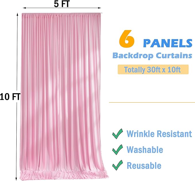 30ftx10ft Pink Backdrop Curtains for Party Background, Wrinkle Free Pink Photo Curtains Backdrop Drapes 6 Panels Back Drop Cloth for Wedding Birthday Photography Baby Shower Decor