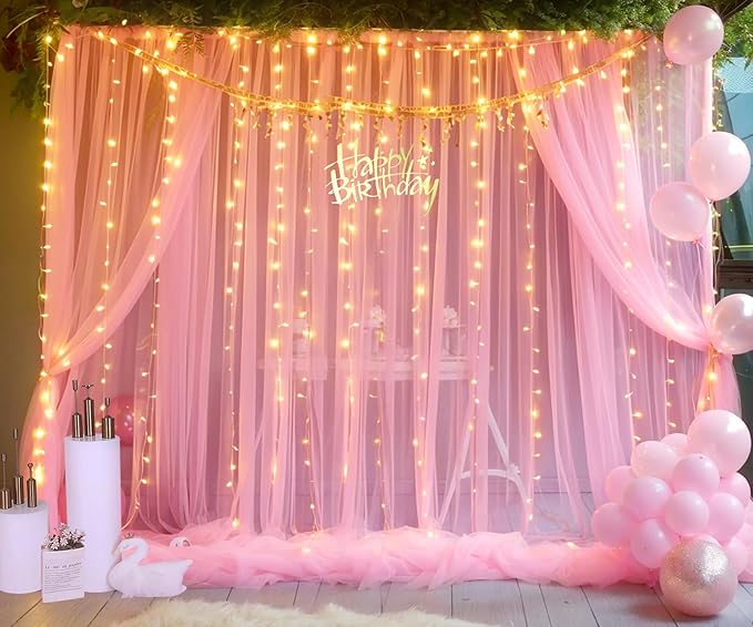 10ft x 10ft Pink Tulle Photo Backdrop Curtain with Lights String for Parties Wedding Sheer Baby Pink Curtain Backdrop for Birthday Party Baby Shower Photo Booth Photography Background Decorations