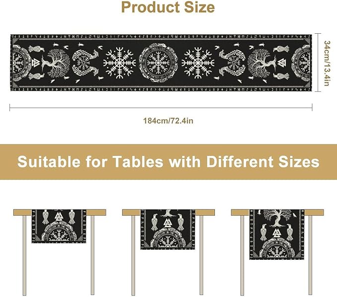 Ancient Abstract Pattern Table Runner, Tree of Life Eagle Dragon Boat Rudder Black and White Table Runner 13x60 Inch