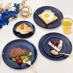 KIRE 350Pcs Blue and Gold Plates -Heavy Duty Navy Blue Dinnerware Set - 100 Plastic Plates 50 Pre Rolled Napkins with Gold Plastic Silverware 50 Cups for Upscale Birthday/Wedding/Parties