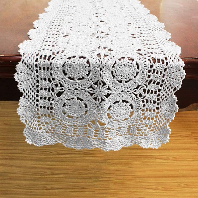 KEPSWET Cotton Handmade Crochet Lace Table Runner White Rectangle Coffee Table Dresser Decor (14x60 inch)