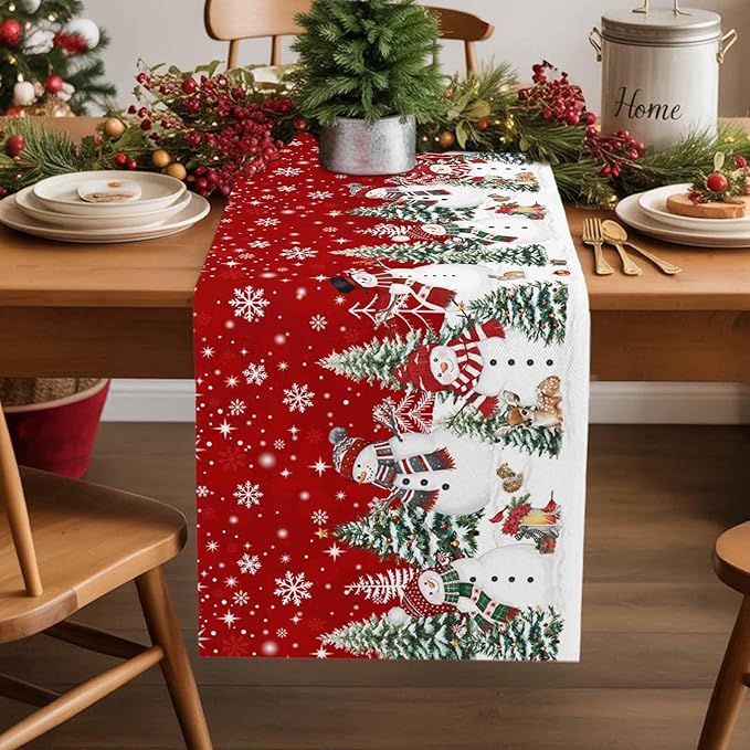 Christmas Snowman Cotton Linen Table Runner for Dining Kitchen, Xmas Tree White Snowflakes Winter Wedding Outdoor Party Tablerunners Decoration, Dresser Scarf Coffee Tablecloth Runners 13x72 Inches