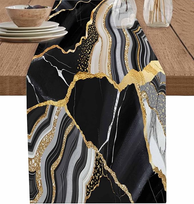 Geometric Black Marble Cotton Linen Table Runner for Dining Kitchen, Wedding Outdoor Party Tablerunners Decoration, Farm Marble Liquid Ripple Abstract Dresser Scarf Coffee Tablecloth Runners 13''x90''