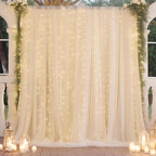 10ft x 10ft Beige Chiffon Backdrop Curtain with Lights String for Parites Wedding Wrinkle Free Curtain Photo Backdrops Drapes for Baby Shower Birthday Party Home Decorations
