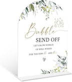 Greenery Bubble Send Off Sign, 6 x 8 Inch White Arch Acrylic Wedding Sign with Holder, Wedding Sign for Ceremony and Reception, Wedding Decoration, Wedding Supplies - LY14