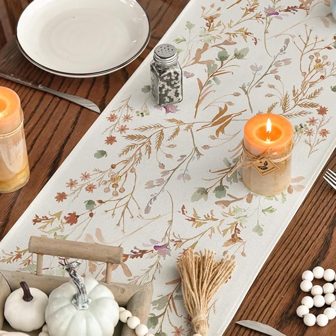 Artoid Mode Floral Leaves Fall Table Runner, Wild Flowers and Grasses Seasonal Autumn Kitchen Dining Table Decoration for Home Party Decor 13x60 Inch