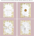 PONATIA 50 PCS Vellum Jackets for 5x7 Wedding Invitation Cards- 135gsm Floral Printed Vellum Sleeves, Invitation Cards Wraps (Champagne Gold Foil)