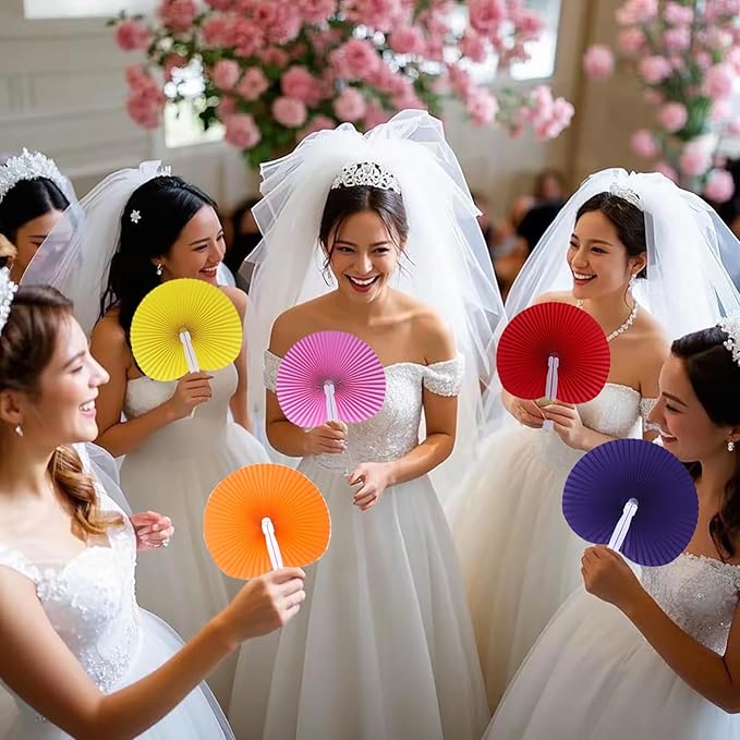 12 Packs Decorative Paper Folding Hand Fans Handheld,Hot Pink Round Foldable Wedding Fans Chinese and Japanese Fans Bulk for Bridal Guest Church Party Favors Dancing Birthday DIY