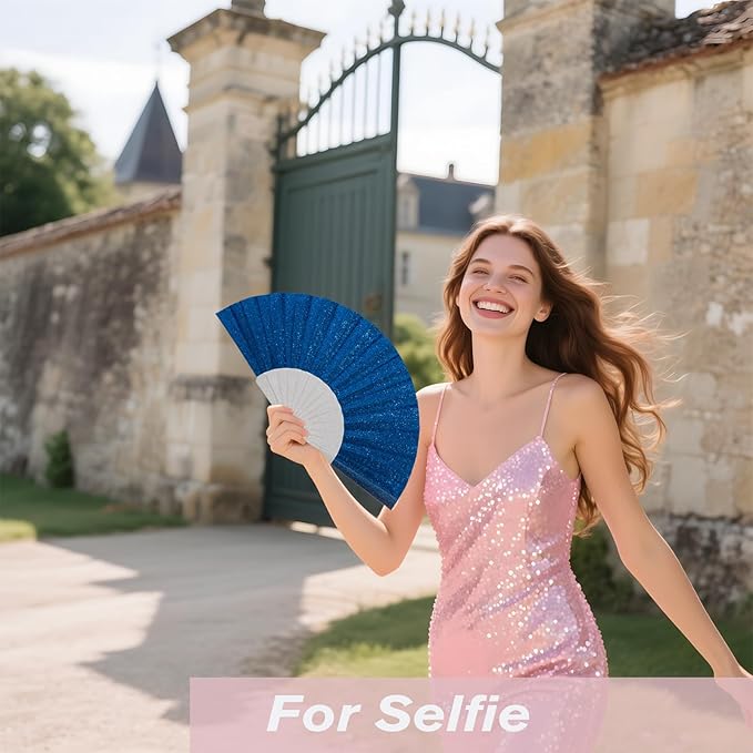 12 Pack Handheld Fan,Folding Hand Glitter fan with Shining Transparent Fan Rib – Ideal for Wedding, Church, Festival, Dance, Tea Party, Club, and EDM Accessories, Royal blue