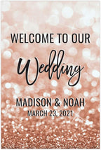 Andaz Press Personalized Extra Large Wedding Easel Board Party Sign, 12x18-inch, Glitzy Faux Rose Gold Glitter, Welcome to Our Wedding Bride Groom Name Date, 1-Pack, Custom