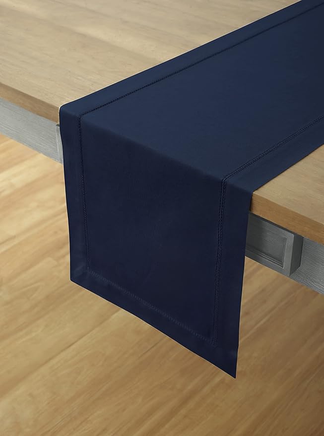 Solino Home Navy Blue Table Runner 48 Inches - Cotton Linen Hemstitch Coffee Table Runner 14 x 48 Inch Ideal for Dresser Tables - Fall, Autumn, Halloween, Thanksgiving, Christmas, Holiday