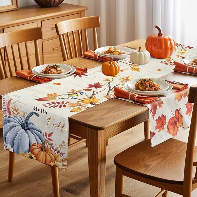 Thanksgiving Fall Cotton Linen Table Runner for Dining Kitchen, Blue Pumpkins Rustic Wedding Outdoor Party Autumn Tablerunners Decoration, Leaves Dresser Scarf Coffee Tablecloth Runners 13x48 Inches