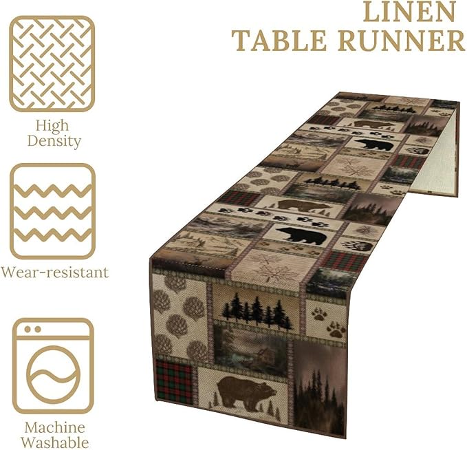 Retro Rusticd Cabin Table Runner Bear Country Farmhouse Vintage Lodge Table Runner for Party Dinner Festival Bedroom Living Room Kitchen 13x108 Inch