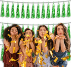 3P Metallic Fringe Tassel Banner Garland Foil Tinsel Streamer Wall Hanging Curtain Backdrop Banner for Parade Floats, Graduation Decorations, Father's Day Party Decoration(Green)