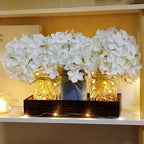 Mason Jar Lights Centerpiece Table Decor for Dining Room Farmhouse Coffee Table Decor with Wood Tray Fairy Lights Fake Hydrangea Flowers for Kitchen Living Dining Room - White