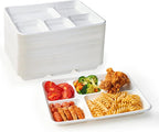 ECOLipak 100% Compostable 5 Compartment Plates, 125 Pack Disposable Paper Plates, Heavy-Duty Biodegradable Sugarcane Plates, Eco-Friendly School Lunch Trays