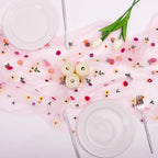 6PCS Pink Floral Table Runner 10 FT, Embroidery Daisy Table Runners Seasonal Sheer Tulle Table Runner for Thanksgiving Wedding Birthday Baby Shower Party ﻿