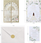 25Pcs Light Gold Glitter Laser Cut Wedding Invitation Kits with Envelopes and RSVP Cards Personalized Invitations for Sweet 16 Baby Bridal Shower Engagement Quinceanera Invite