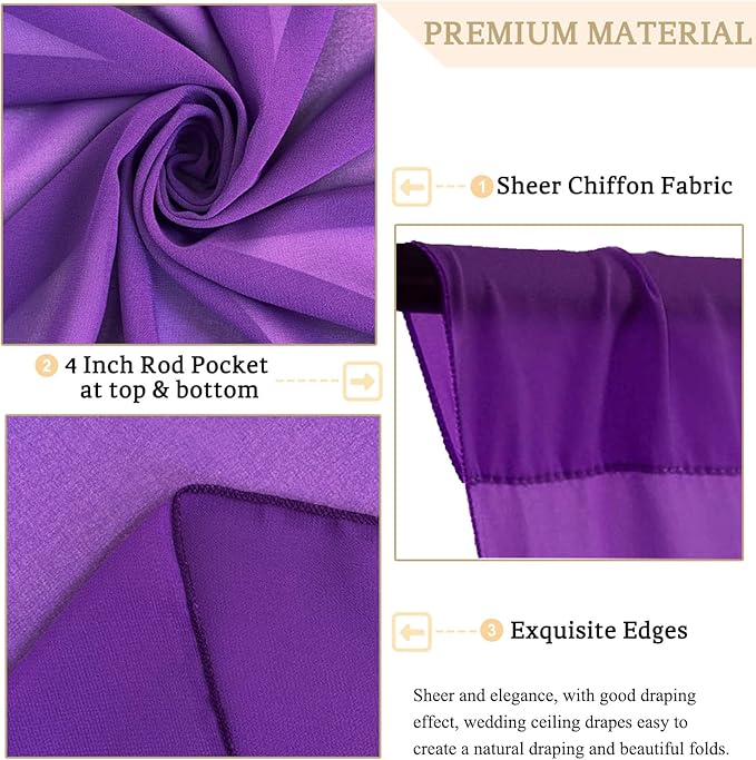 MODFUNS Ceiling Drapes for Parties Purple Ceiling Curtains 2 Panels 5FTx20FT Wedding Arch Draping Fabric Chiffon Curtains for Arbor Stage Sheer Backdrop Drapes for Ceiling Decorations Drapery Sheers