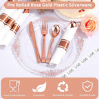 400PCS Pre Rolled Rose Gold Plastic Silverware Sets - Heavy Duty Rose Gold Cutlery - Include 100 Pack Wrapped Disposable Utensils with Napkins for Parties & Dinners & Weddings