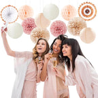 Pink Champagne-Beige Rose-Gold Boho Party-Decorations - 14Pcs Women Girls Birthday Streamers Lanterns Honeycomb Fan,Tissue Pom Poms,Fall Baby Bridal Shower Wedding Backdrop Classroom Decor Ouruola