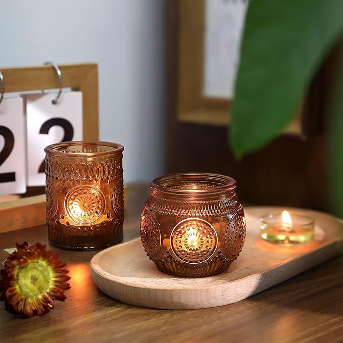 DARJEN 24Pcs Amber Votive Candle Holders - Vintage Glass Candle Holder, Candle Holders Bulk for Wedding & Home Decoration, Tea Lights Candle Holders for Festival Party Gift
