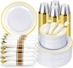 BESTVIP 700PCS Gold Plastic Dinnerware Set for 100 Guests, Disposable Plates for Party, Include: 200 Plastic Plates, 100 Pre Rolled Napkins with Gold Silverware, 100 Cups for Christmas, Halloween