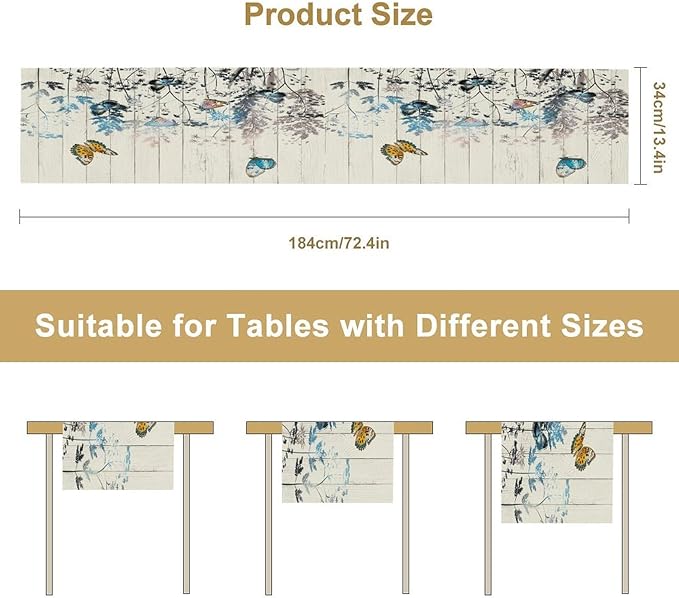 Nature Dandelion Table Runner,Rustic Floral Wood Plank Butterfly Girl Women Pattern Print Burlap Tablecloth for Hotel Indoors Outdoor Dining Room Kitchen Table Decor, 13x108in