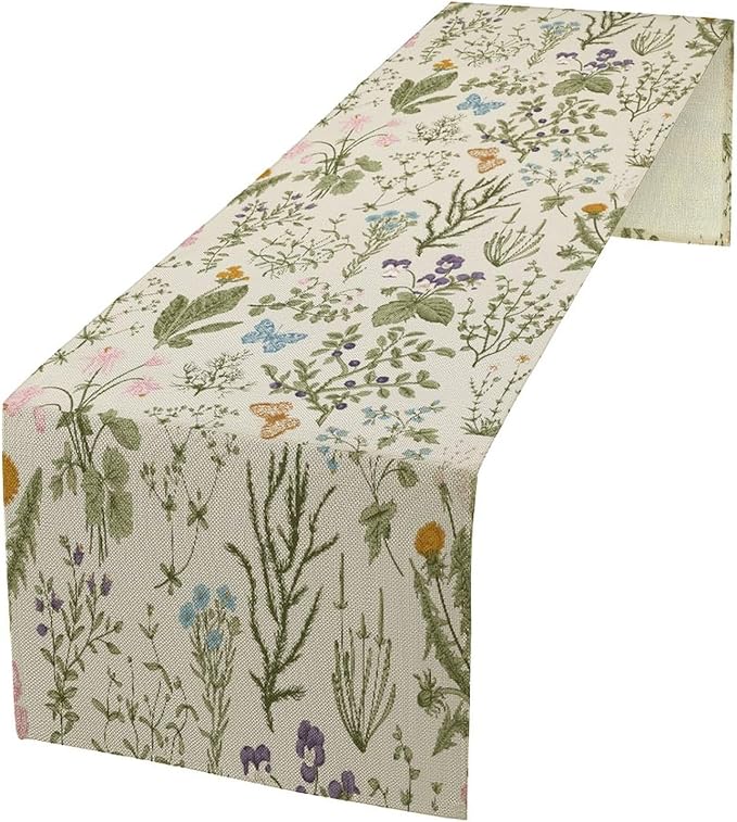 Floral Botanical Table Runner, Garden Spring Flower Botanical Butterfly Animal for Restaurant, Kitchen, Wedding, Party Rectangular Table Runner Decoration,13in（33cm） W * 60in（152cm） L