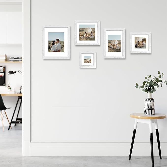 10x10 Picture Frame Set of 4 with Real Glass, Distressed White Frame Display 8x8 Pictures with Mat or 10 x 10 Without Mat, Wood Square Photo Frame for Wall Mount and Tabletop Display