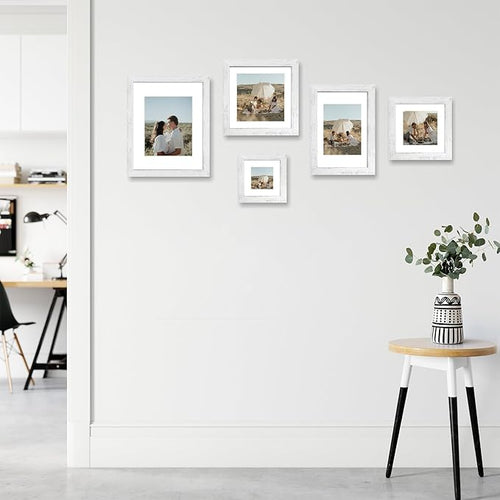 10x10 Picture Frame Set of 4 with Real Glass, Distressed White Frame Display 8x8 Pictures with Mat or 10 x 10 Without Mat, Wood Square Photo Frame for Wall Mount and Tabletop Display
