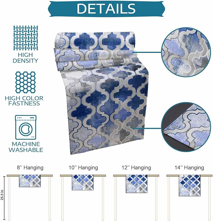 Blue Morocco Plaid Cotton Linen Table Runner for Dining Kitchen, Wedding Outdoor Party Tablerunners Decoration, Distressed Abstract Painted Vintage Dresser Scarf Coffee Tablecloth Runners 13x72 Inches