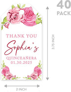 Andaz Press 40-Pack Personalized Quinceañera Favor Tags with String, Pink Roses Custom Classic Thank You Gift Tags for Quince Años XV 15th Birthday Favor Gifts, Quinceanera Decorations