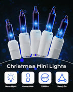 Brightown Blue Christmas Mini String Lights, 100-Count 26.5ft Incandescent Bulb Halloween Fairy Lights for Indoor Holiday Decor, Christmas Tree Garland Wedding Party Multi-Use Decoration, White Wire