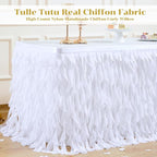 Partisky White Tulle Curly Willow Table Skirt for Rectangle Table 9ft, Ruffle Tutu Table Cloth for Wedding,Bridal Shower, Baby Shower,Birthday Party
