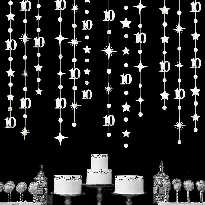Silver 10th Birthday Decorations Number 10 Circle Dot Twinkle Star Garland Metallic Hanging Streamer Banner Backdrop for Girls Boys Double Digits Ten Year Old Birthday 10th Anniversary Party Supplies