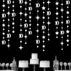 Silver 10th Birthday Decorations Number 10 Circle Dot Twinkle Star Garland Metallic Hanging Streamer Banner Backdrop for Girls Boys Double Digits Ten Year Old Birthday 10th Anniversary Party Supplies