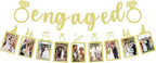 Pre-Strung Engaged Photo Banner - Gold Glitter Engagement Party Decoration Supplies with Romantic Memories Picture Card Frames for Bachelorette, Bridal Shower, Wedding Party Photo Booth Props