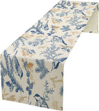 Chinoiserie Flowers Table Runner, Seasonal Spring Fall Plants Blue Florals Birds Dinner Runner for Home Kitchen Dining Table Party Holiday Decoration 13"x90"