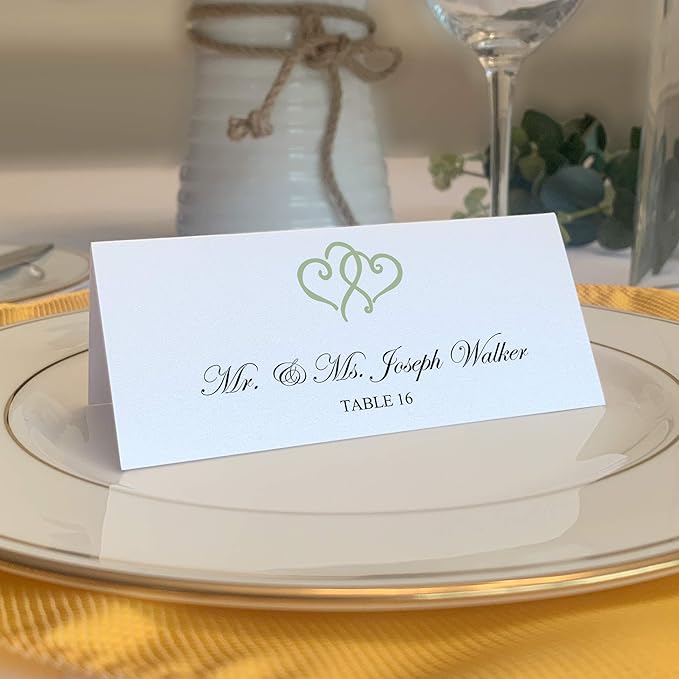 Linked Hearts Place Cards, Sage (Choose Color), Set of 60, Pre-cut and Scored - Wedding, Party, Dinner, and Special Events - Made in the USA