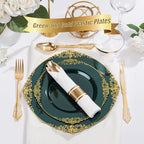 Nervure 350PCS Green Plastic Plates - Green Gold Plastic Dinnerware Sets for 50 Guests - 100 Disposable Plates, 150 Gold Silverware, 50 Cups, 50 Napkins for Wedding & Party & Christmas