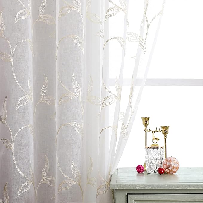VISIONTEX Sheer Curtains 95 inch Length 2 Panels Set, White Voile Crushed Cream Vine Leaves Embroidery, Rod Pocket Embroidered Window Drapes for Living Room and Bedroom, 54" x 95"
