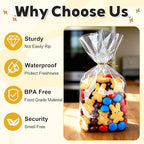 PigPotParty Cellophane Treat Bags 7"x10", 100 Pack Clear Goodie Bags, 3.2" Bottom Gusset for Stand-Up Display, Small Plastic Gift Wrap for Cookies, Candy, Party Favors, Popcorn, Includes 100 Ties