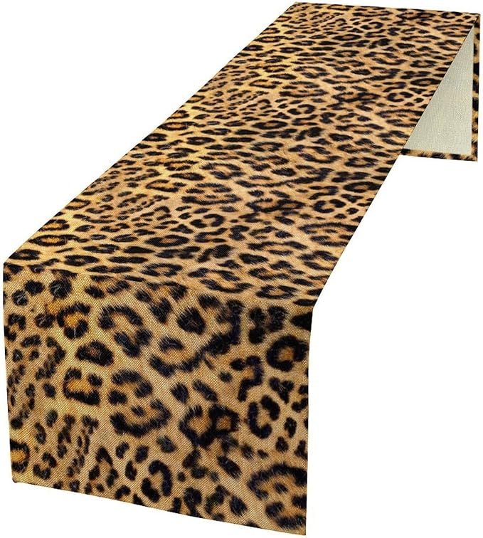 Leopard Print Dinning Table Runner, Cotton Linen Rustic Cottage Country Farm Safari Wildlife Fur Print Table Runners for Table Dresser Runner Dinning Kitchen Party Holidays Home, 13x60 Inch