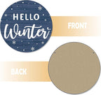 CGBHW Hello Winter Wooden Sign, Navy Blue Holiday Snowflake Hanging Sign Wall Decor for Room Home, Winter Wonderland Snowy Christmas Door Decor 12 x 6 Inch