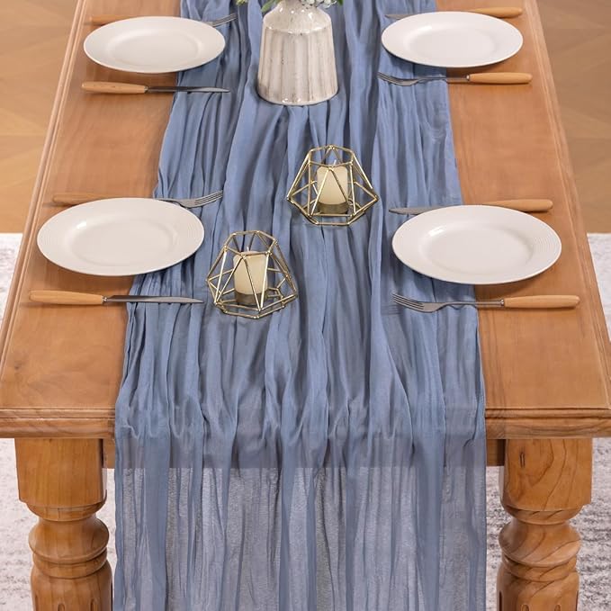 MLMW 6 Pack Dusty Blue Table Runner Cheesecloth Gender Reveal Boho Gauze Rustic Cheese Cloth Table Runner 160 inch Sheer 13.3ft for Wedding Party Baby Bridal Shower Birthday