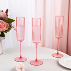 Ciaell 24 Pack Pink Plastic Champagne Flutes - 6oz Ribbed Disposable Champagne Glasses - Pink Vintage Mimosa Glasses with Long Stem, Elegant & Lightweight for Weddings and Party