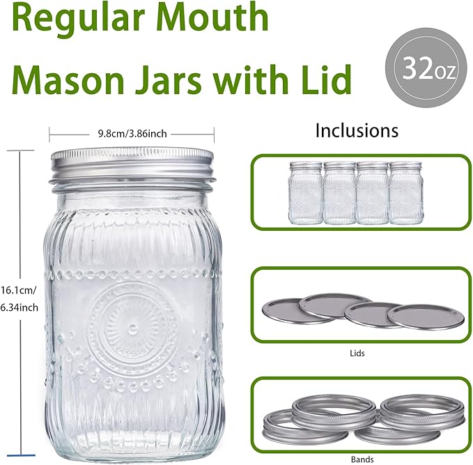 MirthMood 32 OZ Wide Mouth Mason Jars, 6 PACK Glass Mason Jars with airtight Lids, Quart mason jars wide Perfect for Canning, Pickling, Preserving, Fermenting, DIY Crafts & Decor