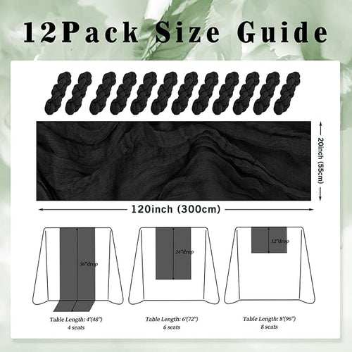 10FT 12 Pack Black Cheesecloth Table Runner 20 x 120 Inch Long Boho Fabric Rustic Cheese Cloth Table Runner for Wedding Bridal Shower Baby Shower Gauze Sheer Birthday Party Table Decorations